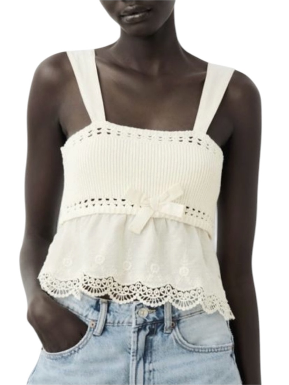 Zara Cream Sleeveless Lace-Trim Knit Camisole